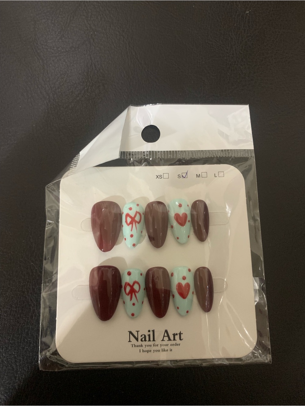Mint & Burgundy Press-On Nail Set with Hearts